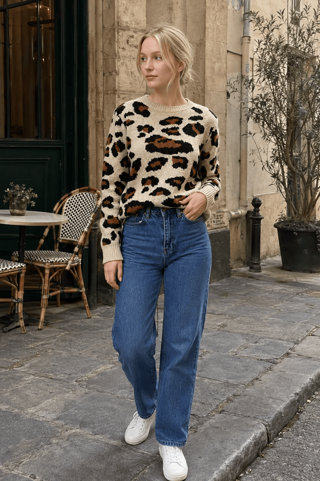Colorblock Leopard Crewneck Sweater