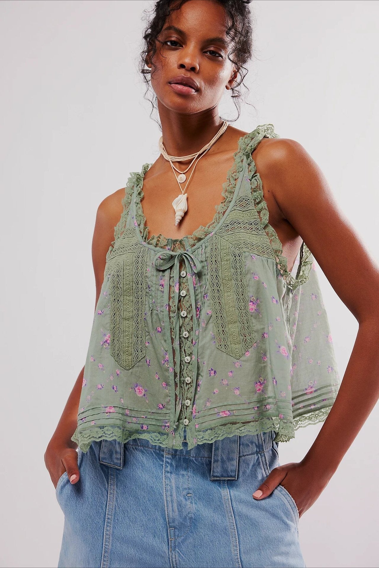 Solid Lace Ruffled Slim Fit Cami Top