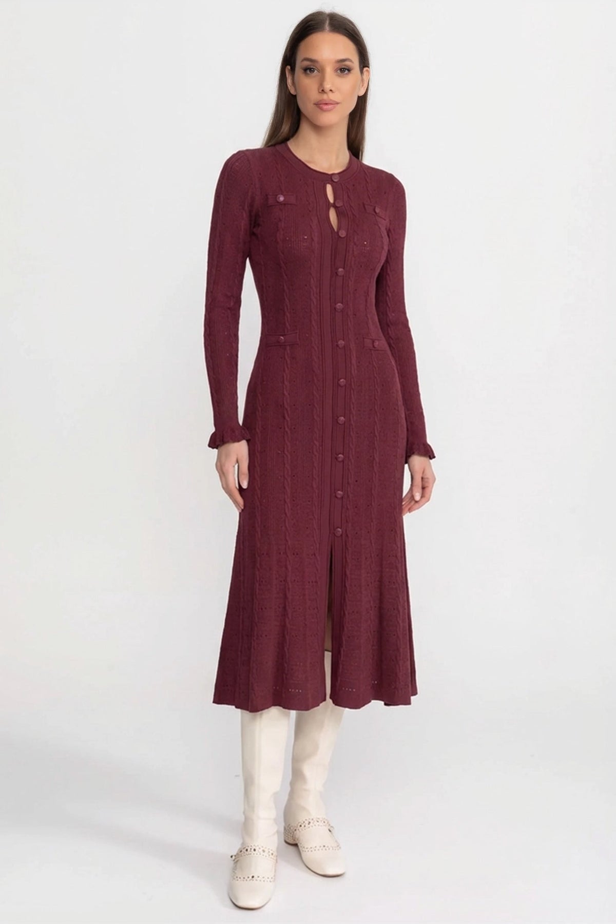 Crew Neck Long Sleeve Button Front Cable Knit Pointelle Midi Dress