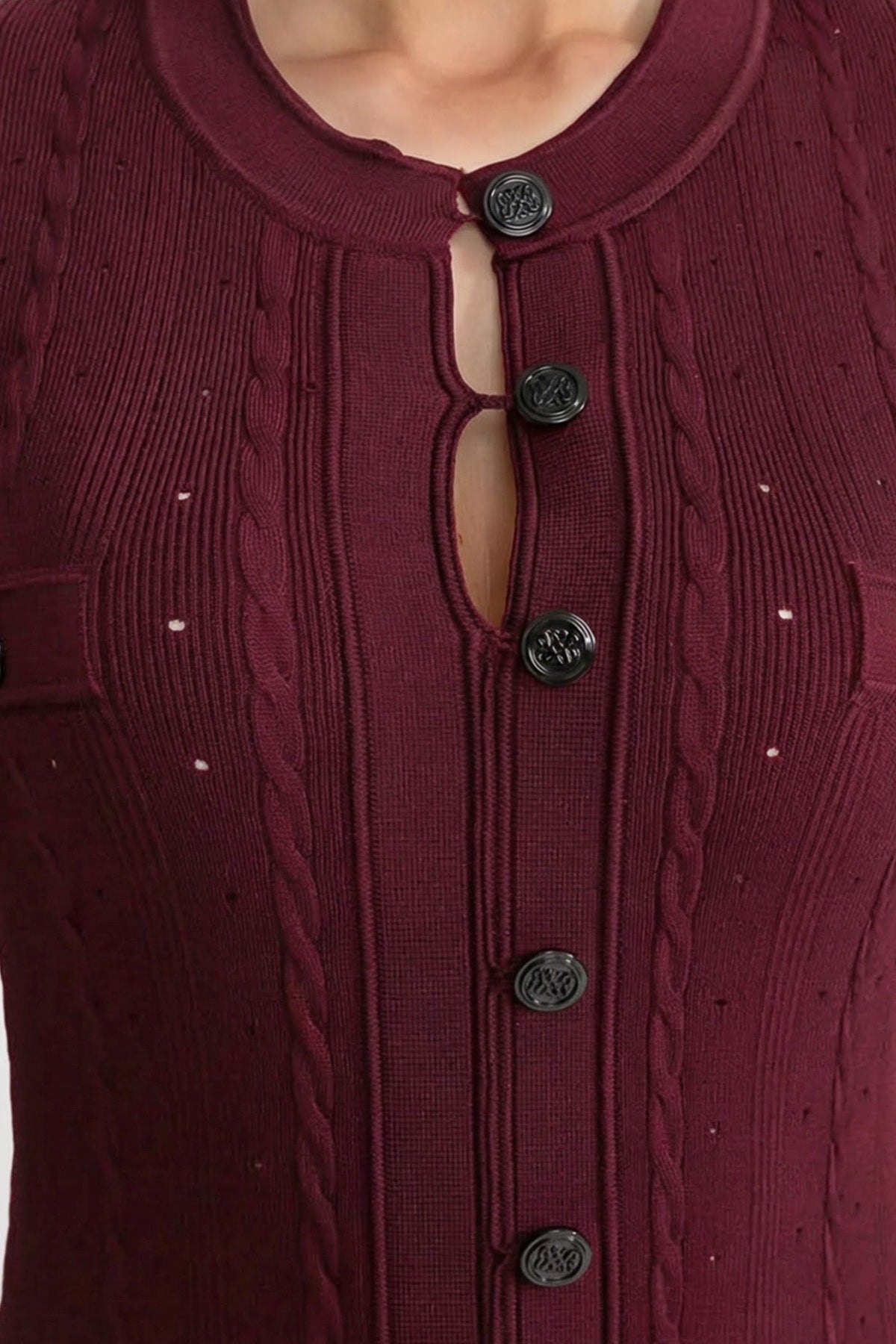 Crew Neck Long Sleeve Button Front Cable Knit Pointelle Midi Dress 4