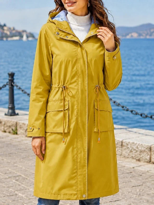Hooded Drawstring Waist Longline Rain Jacket