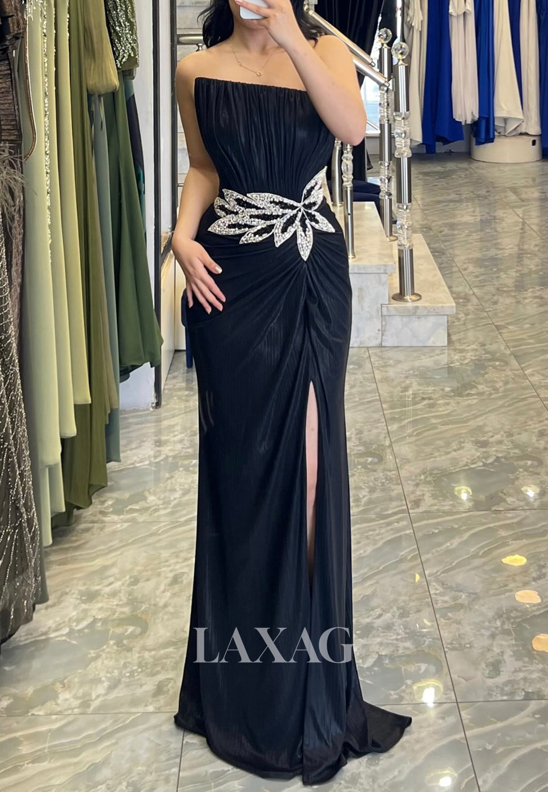 Sleeveless Pleated Satin High Slit Formal Gowns Asymmetrical-Neck Beaded Meramid Evening Dress