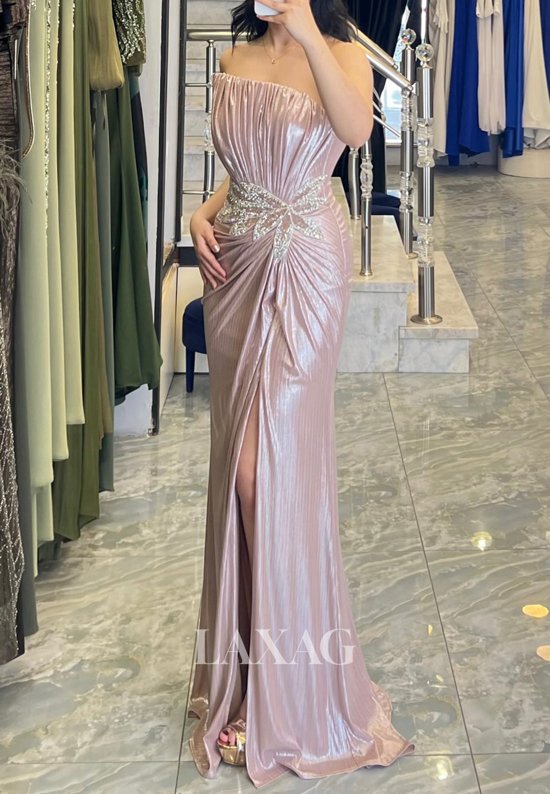 Sleeveless Pleated Satin High Slit Formal Gowns Asymmetrical-Neck Beaded Meramid Evening Dress