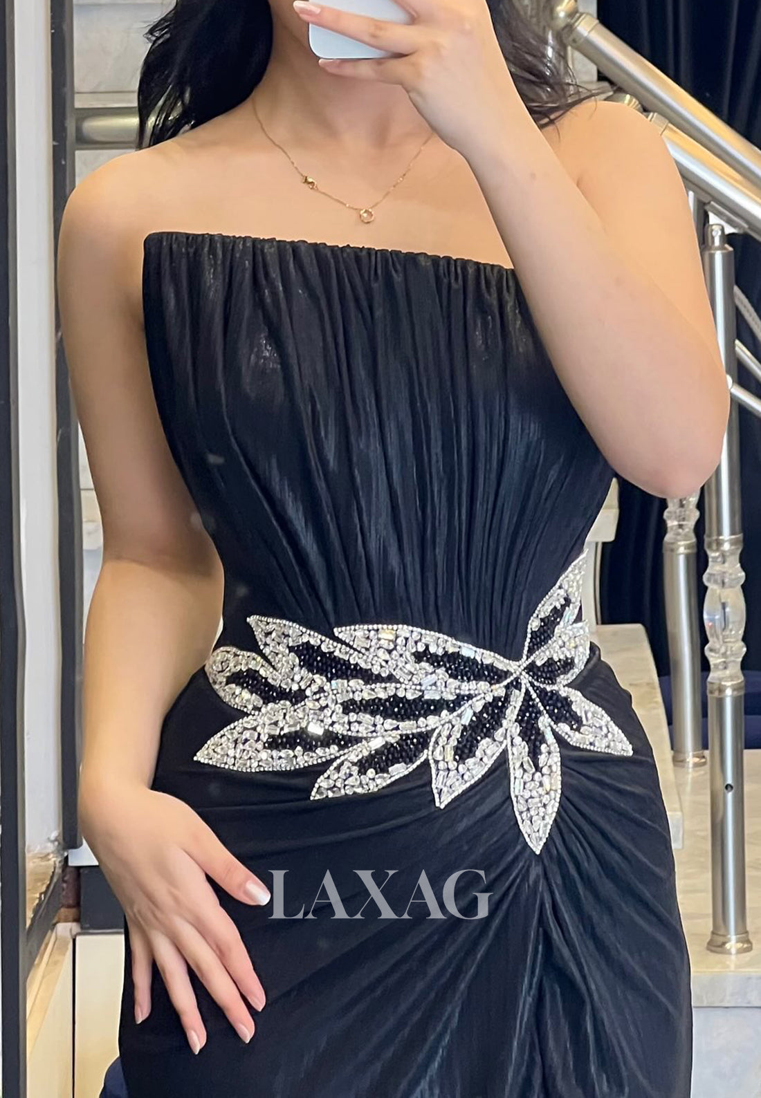 Sleeveless Pleated Satin High Slit Formal Gowns Asymmetrical-Neck Beaded Meramid Evening Dress