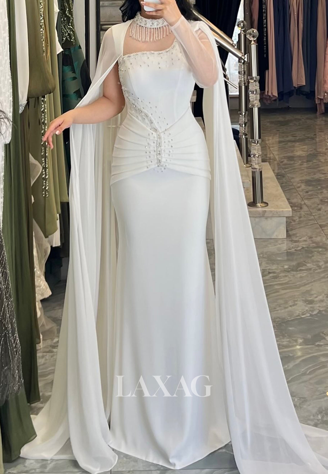 Asymmetrical-Neck Long-Sleeveless Evening Dress Beaded Pleated Chiffon Formal Gowns with Train