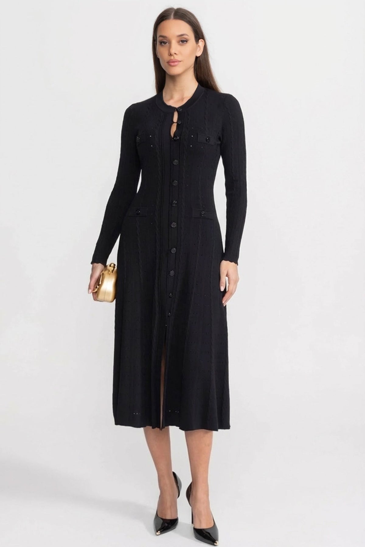 Crew Neck Long Sleeve Button Front Cable Knit Pointelle Midi Dress