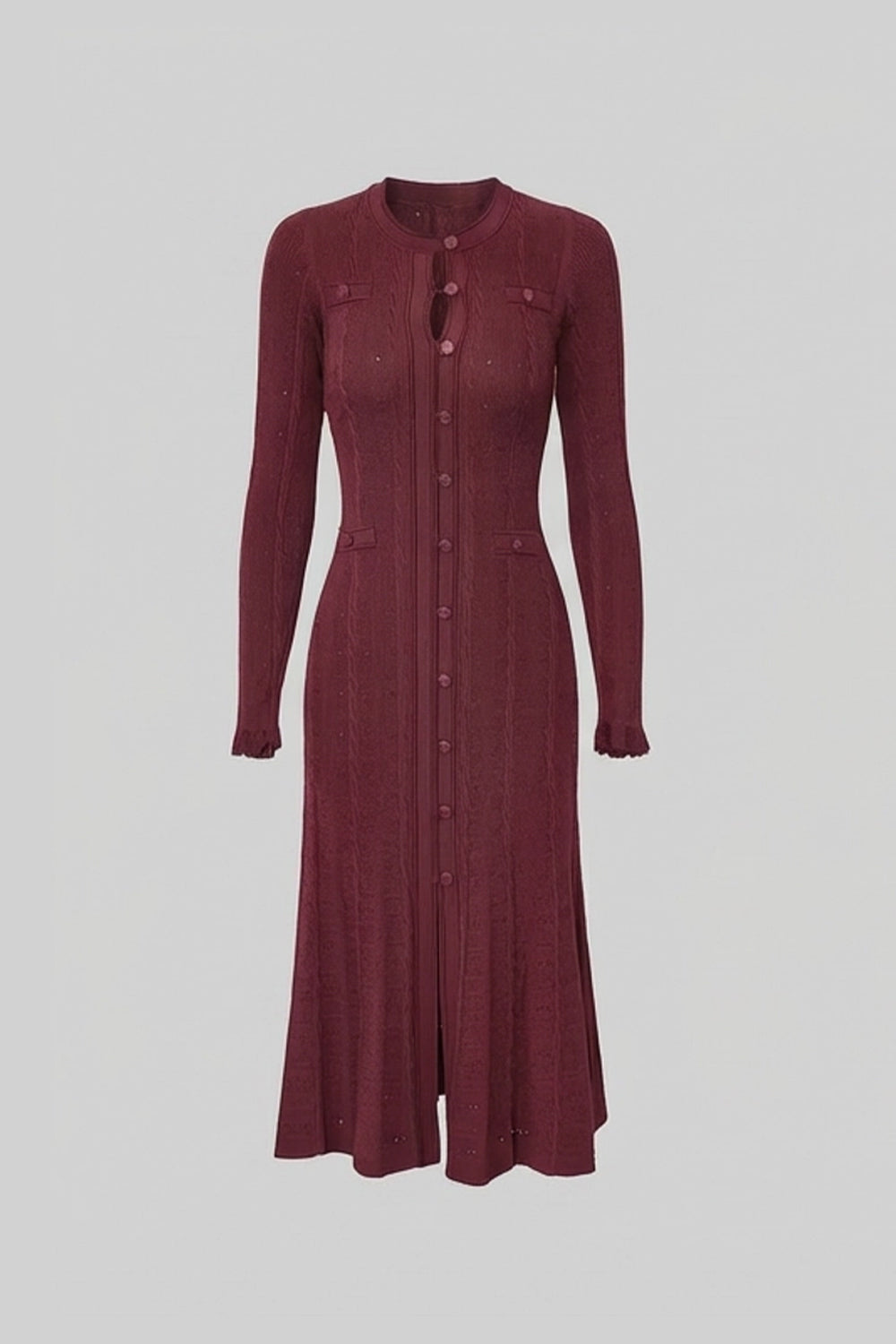 Crew Neck Long Sleeve Button Front Cable Knit Pointelle Midi Dress 2