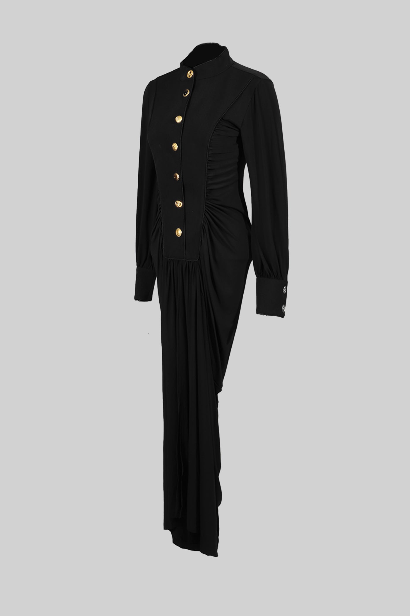 Draped Maxi Dress with Gold Statement Buttons - Black