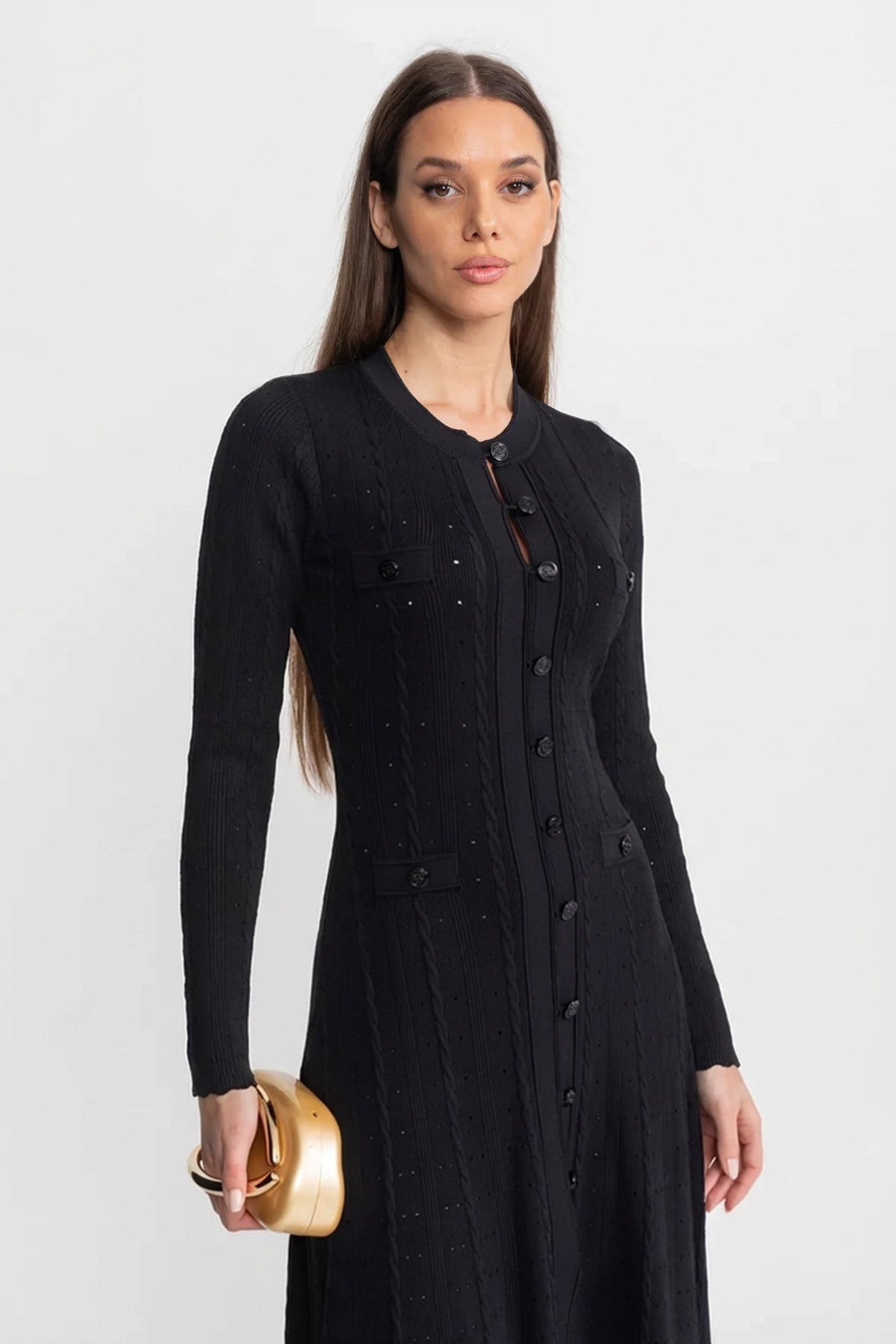 Crew Neck Long Sleeve Button Front Cable Knit Pointelle Midi Dress 3