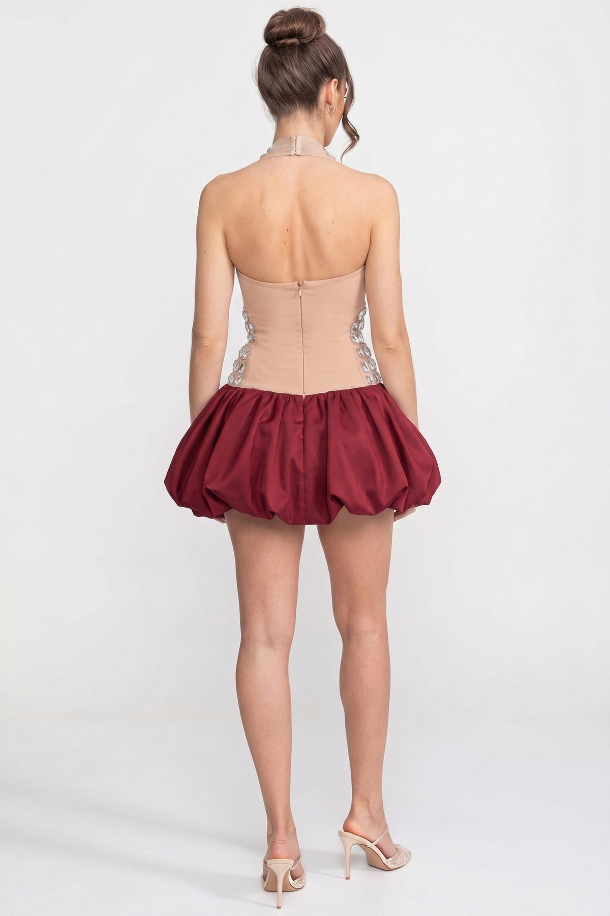 Rhinestone Embellished Mesh Halter Deep V-Neck Bubble Hem Mini Dress 6