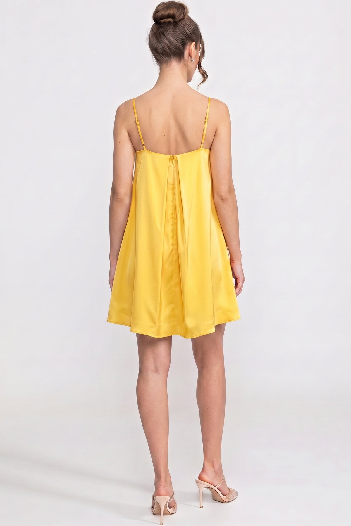 Satin Floral Applique Square Neck Spaghetti Strap Swing Mini Dress 8