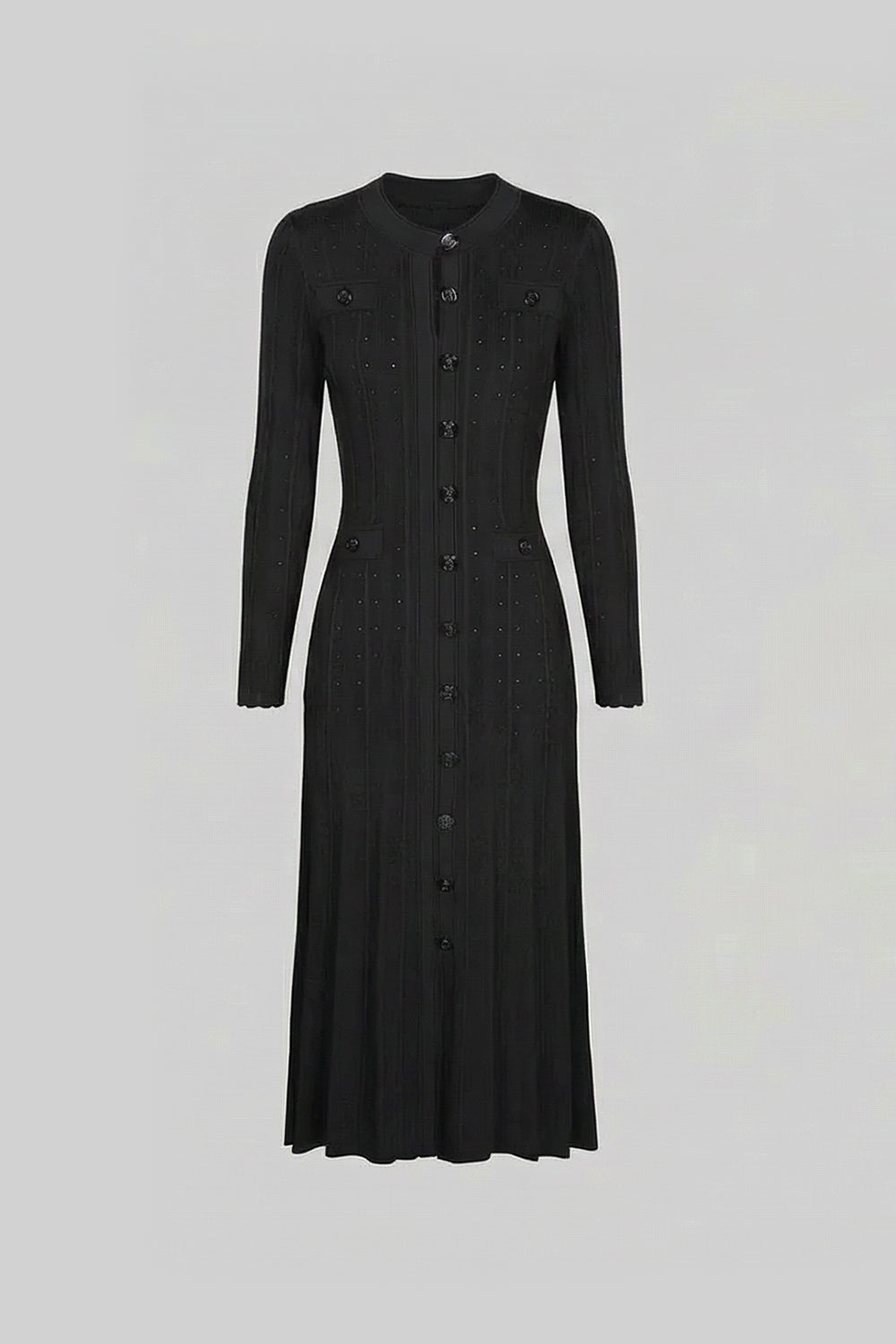 Crew Neck Long Sleeve Button Front Cable Knit Pointelle Midi Dress 2