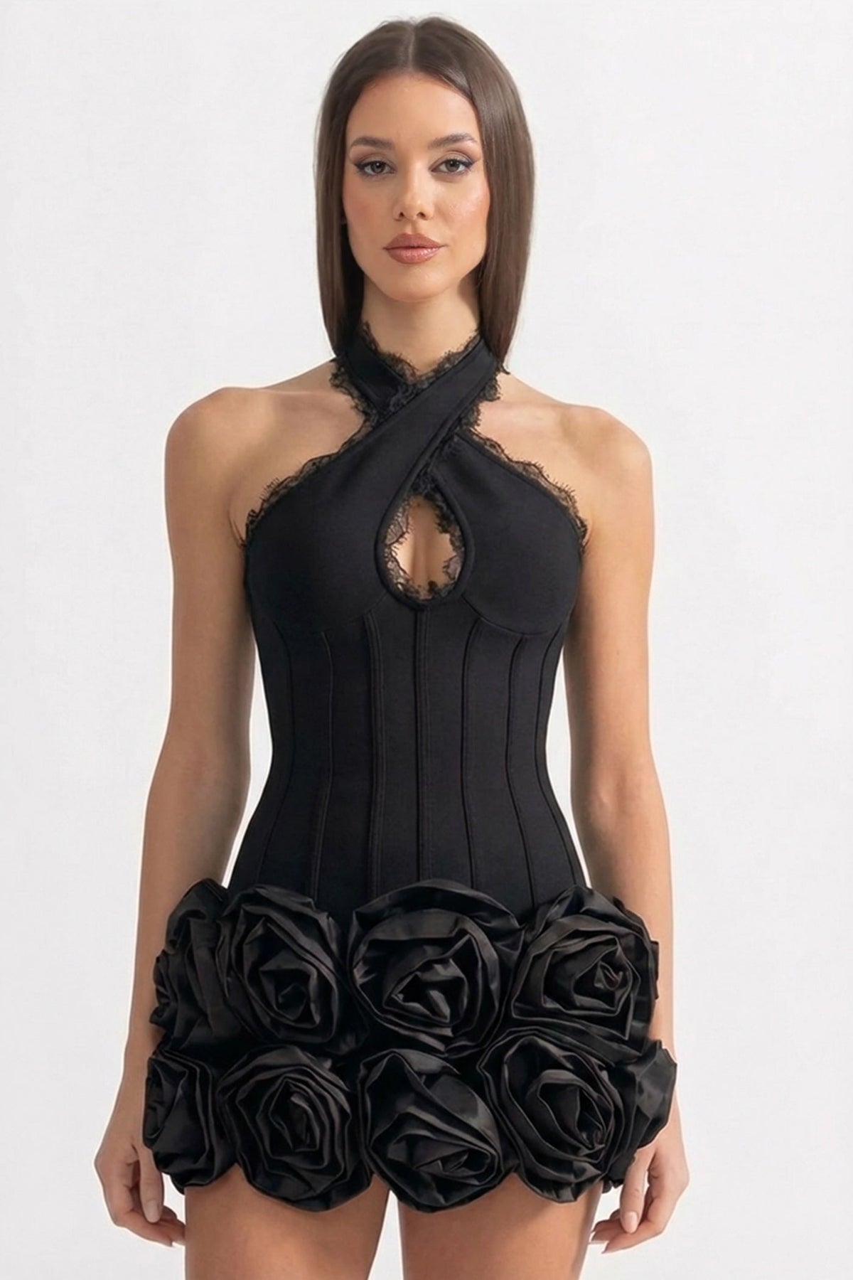 Cross Halter Neck Keyhole Lace Trim Corset 3D Rose Hem Mini Dress