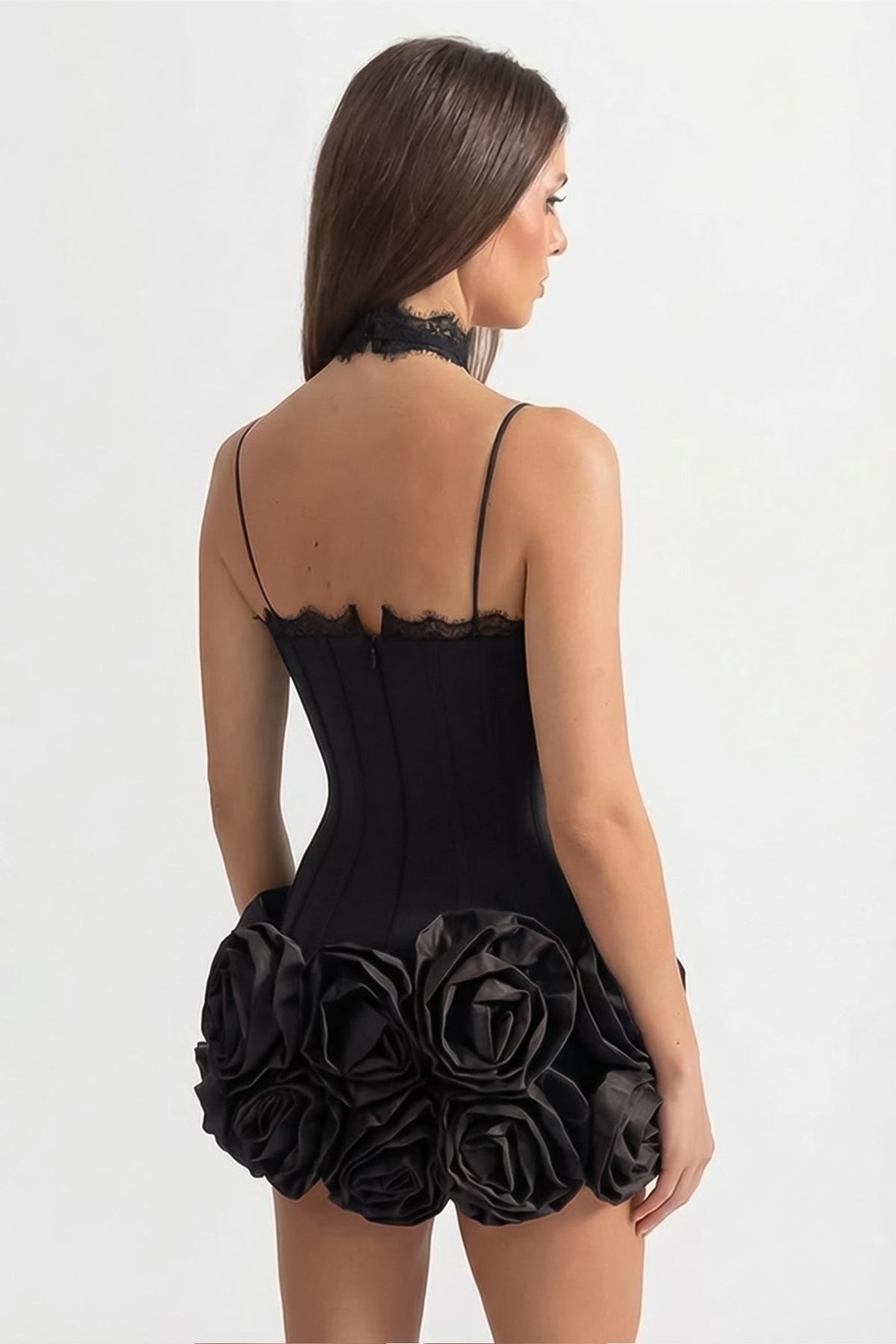 Cross Halter Neck Keyhole Lace Trim Corset 3D Rose Hem Mini Dress 3