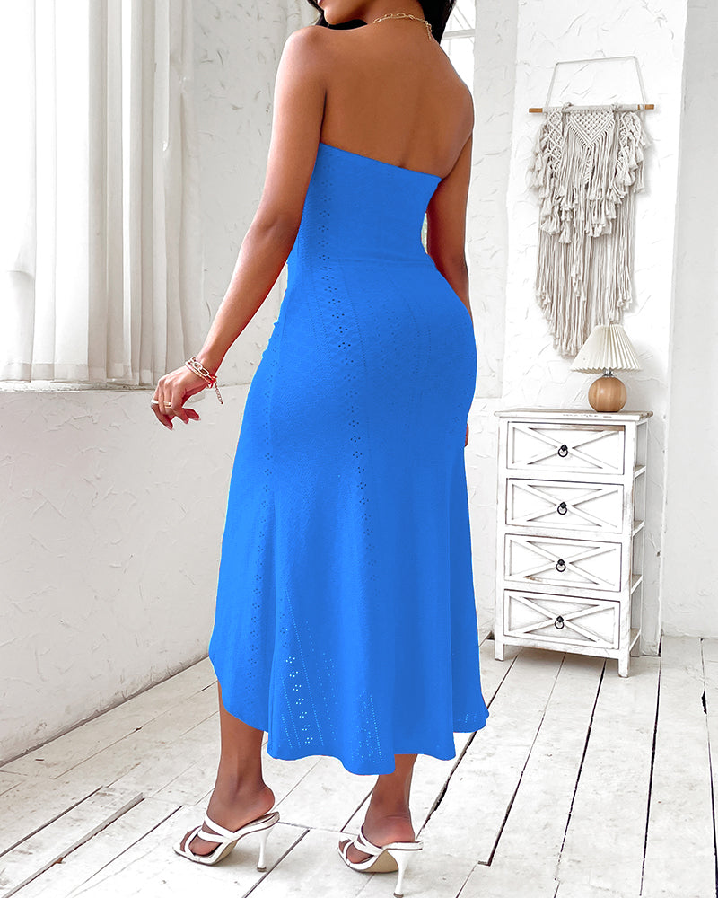 Strapless Eyelet Ruched High Split Midi Dress Summer 30