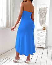 Strapless Eyelet Ruched High Split Midi Dress Summer 30