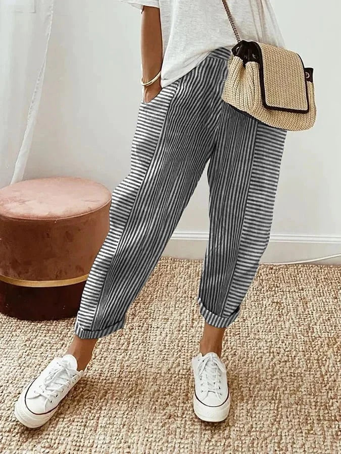 Striped High Waist Cuffed Hem Tapered Pants
