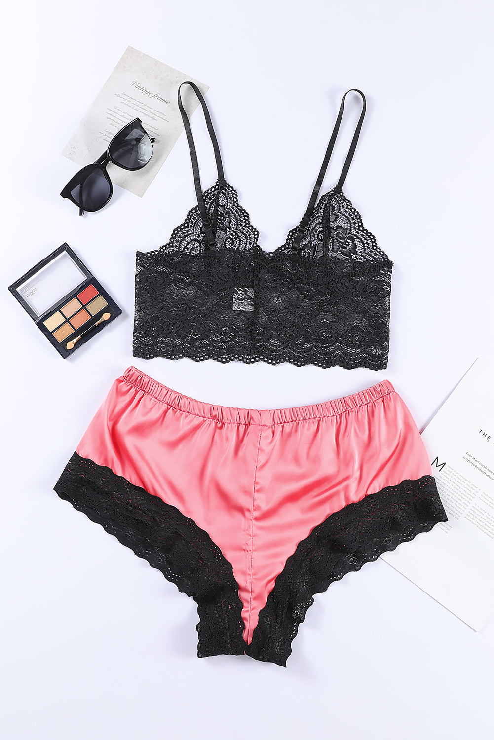 Black 2Pcs Lace Spaghetti Straps Lingerie Set