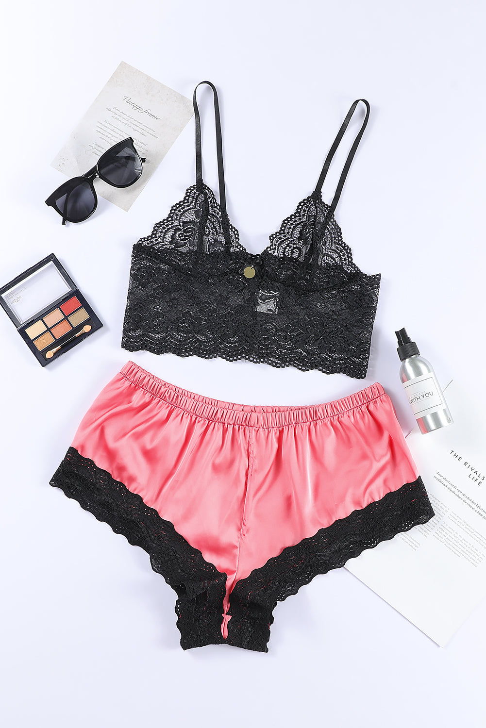 Black 2Pcs Lace Spaghetti Straps Lingerie Set
