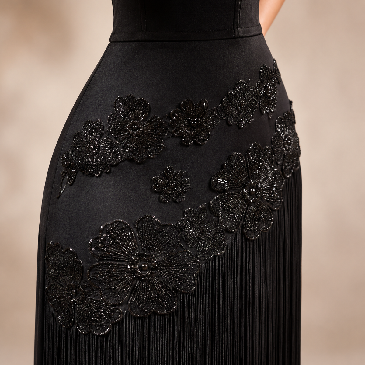 Strapless Floral Applique Fringe Split Maxi Gown 2