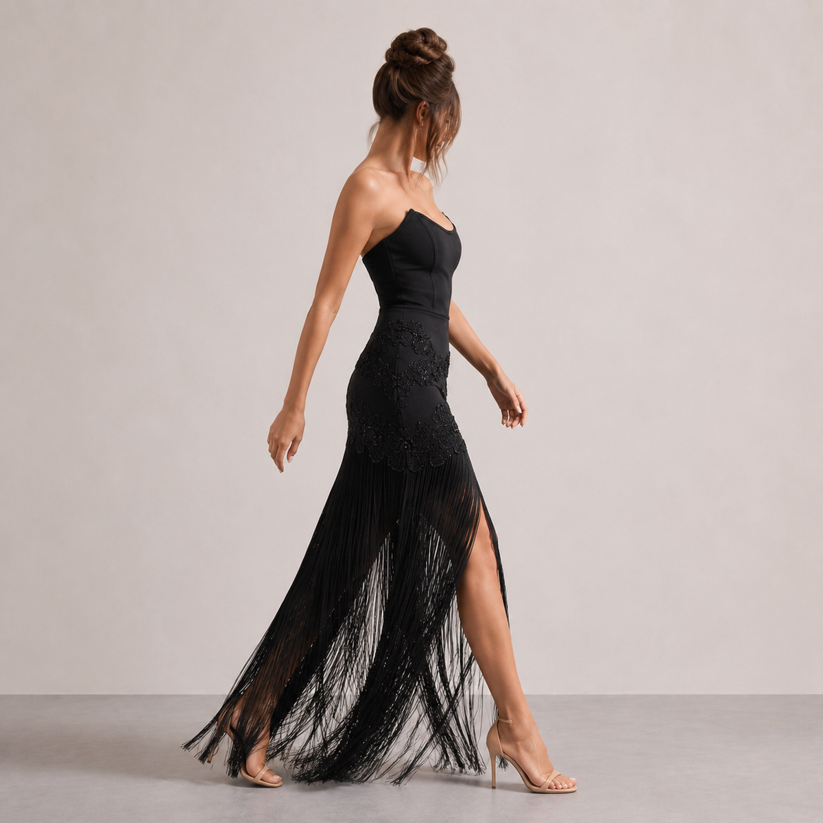 Strapless Floral Applique Fringe Split Maxi Gown 4