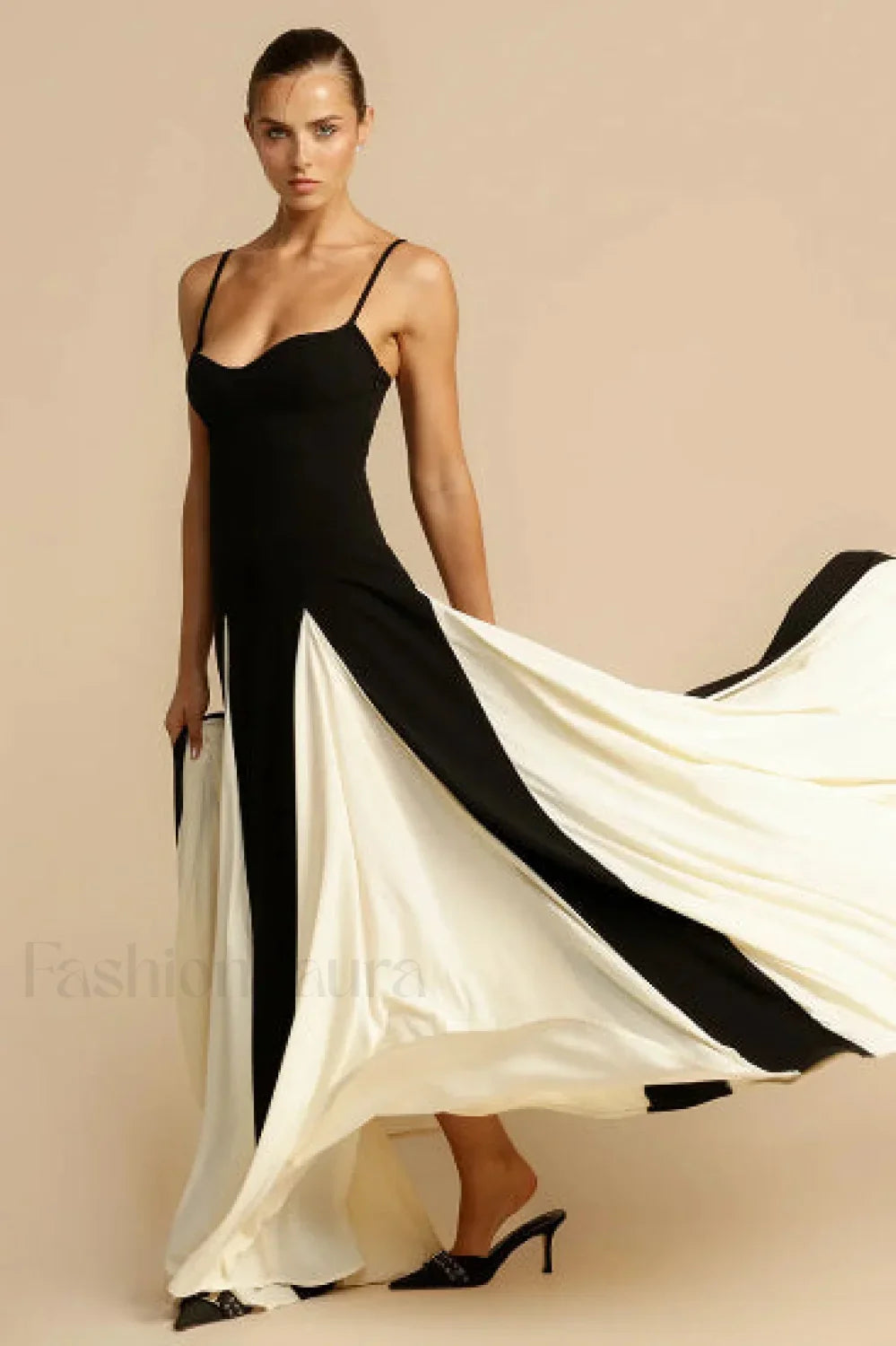 Black and White Contrasting Color Suspender Spice Girl Maxi Dress