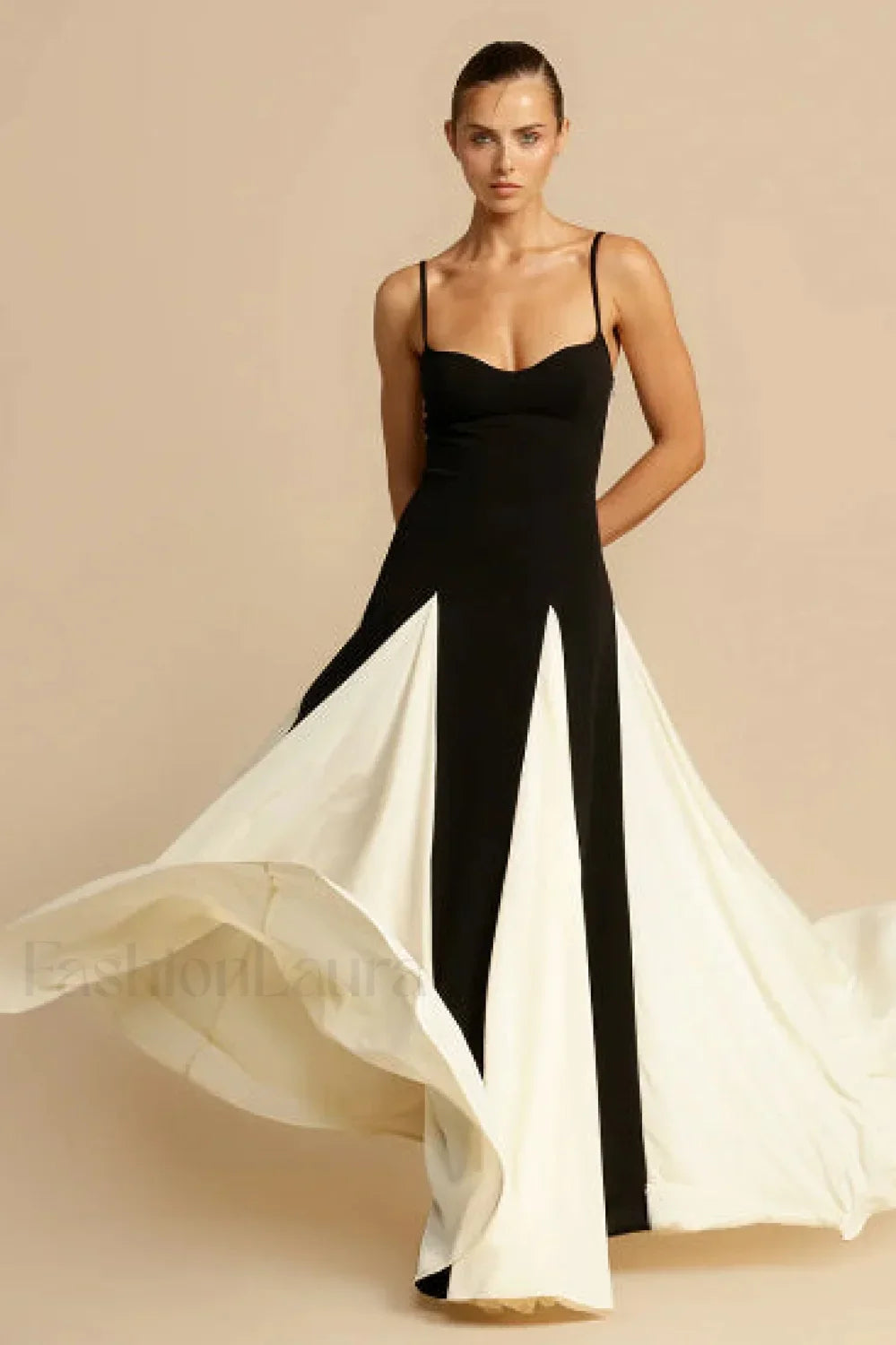 Black and White Contrasting Color Suspender Spice Girl Maxi Dress