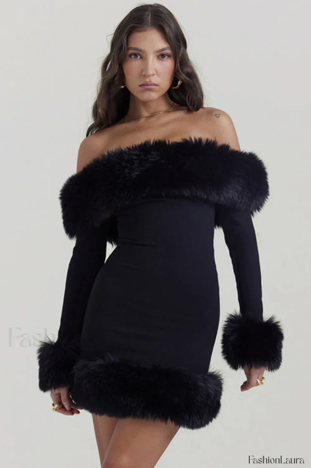 Black Bateau Stylish Neck Mini Dress