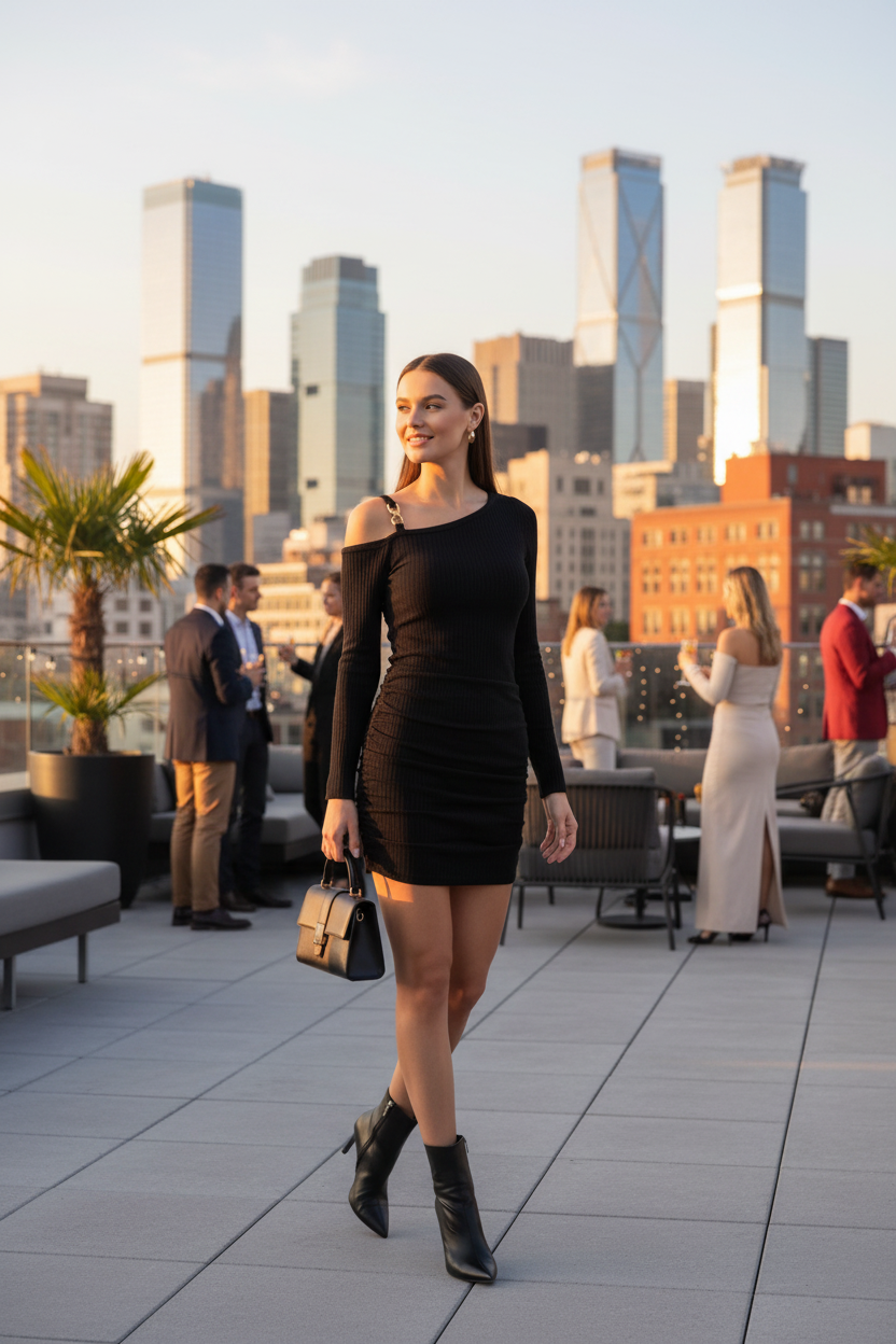 Chic Black Bodycon Dress with Elegant Sleeves and Stretch Fabric