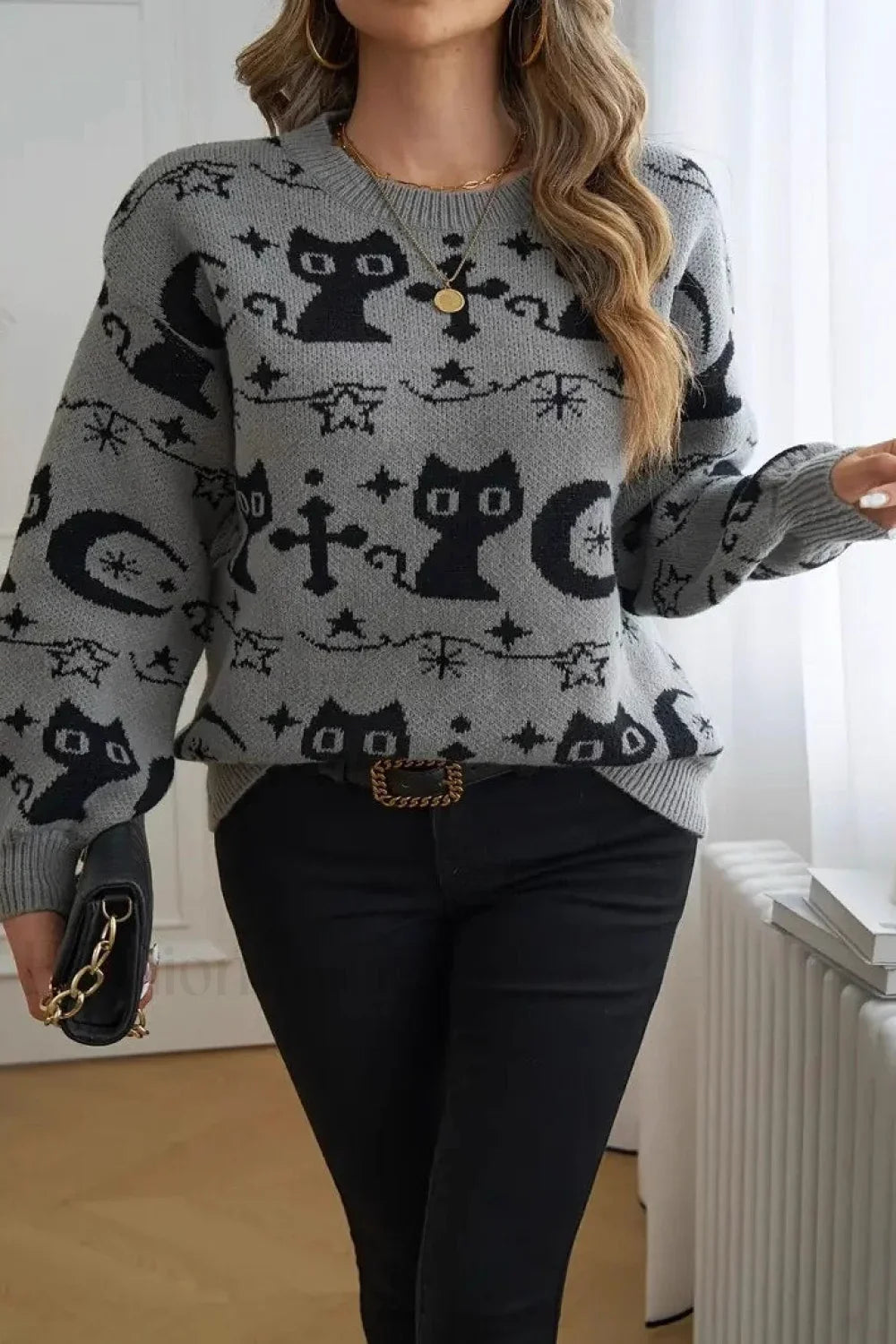 Black Cat Moon Jacquard Knit Sweater