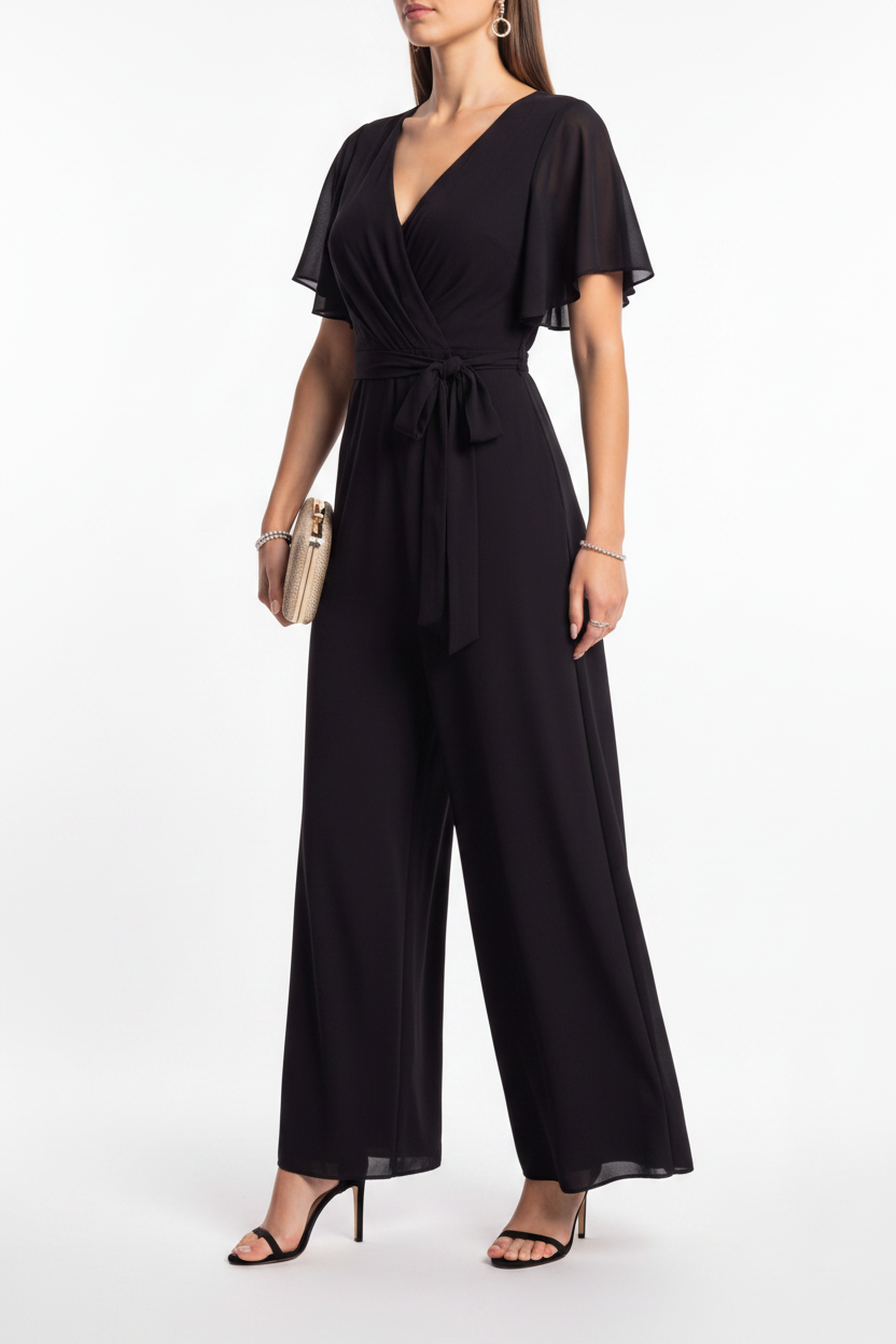 Elegant Wide Leg Jumpsuit Black Wrap V-Neck with Flutter Sleeves Tie Waist