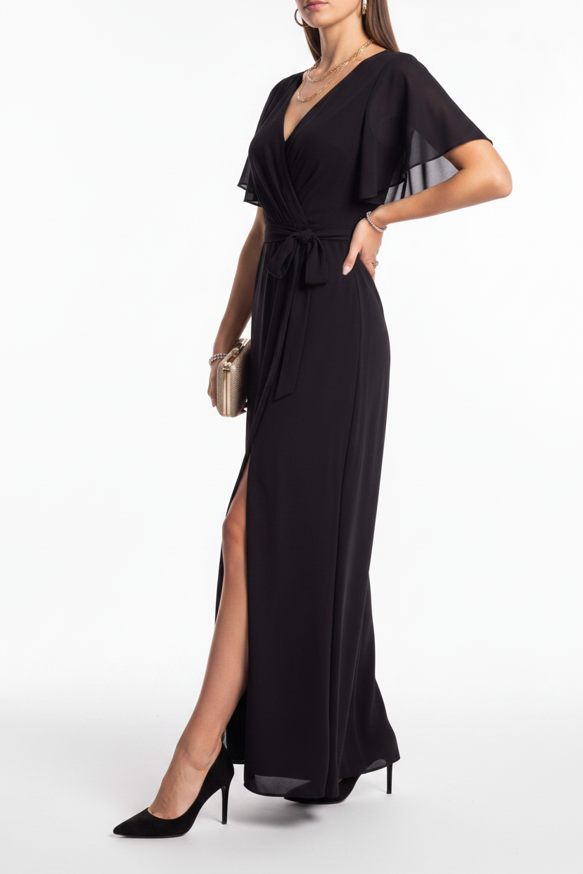 Elegant Wide Leg Jumpsuit Black Wrap V-Neck with Flutter Sleeves Tie Waist