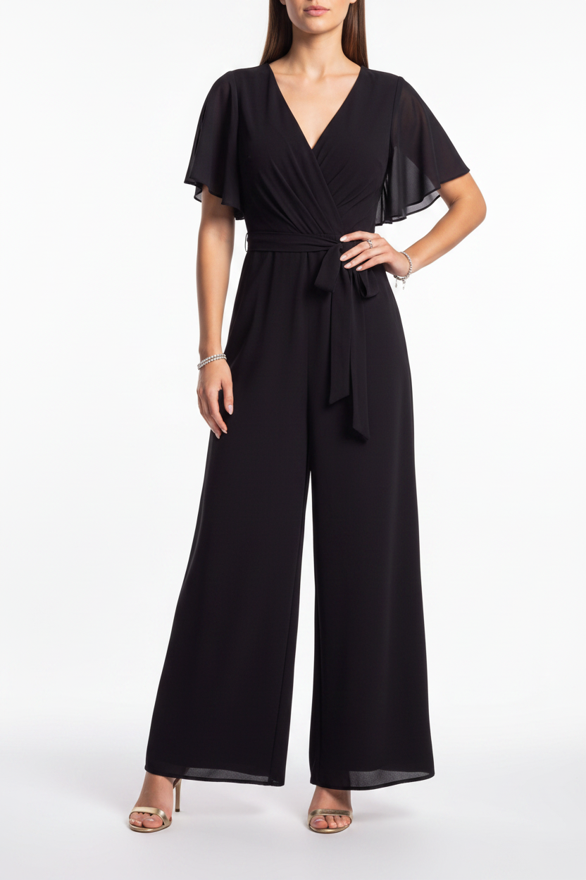 Elegant Wide Leg Jumpsuit Black Wrap V-Neck with Flutter Sleeves Tie Waist