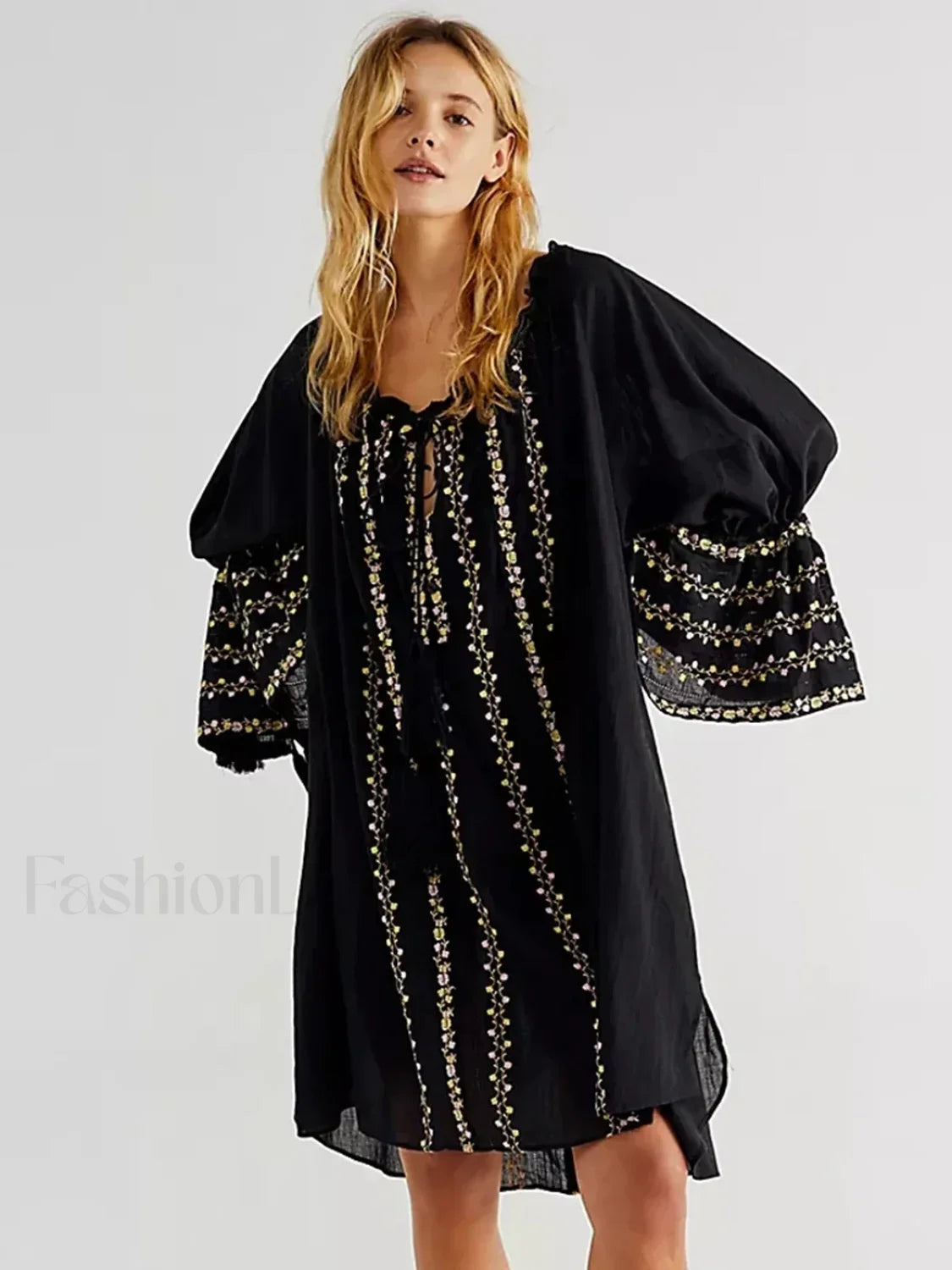 Black Floral Wide Neck Boho Dress Black / S
