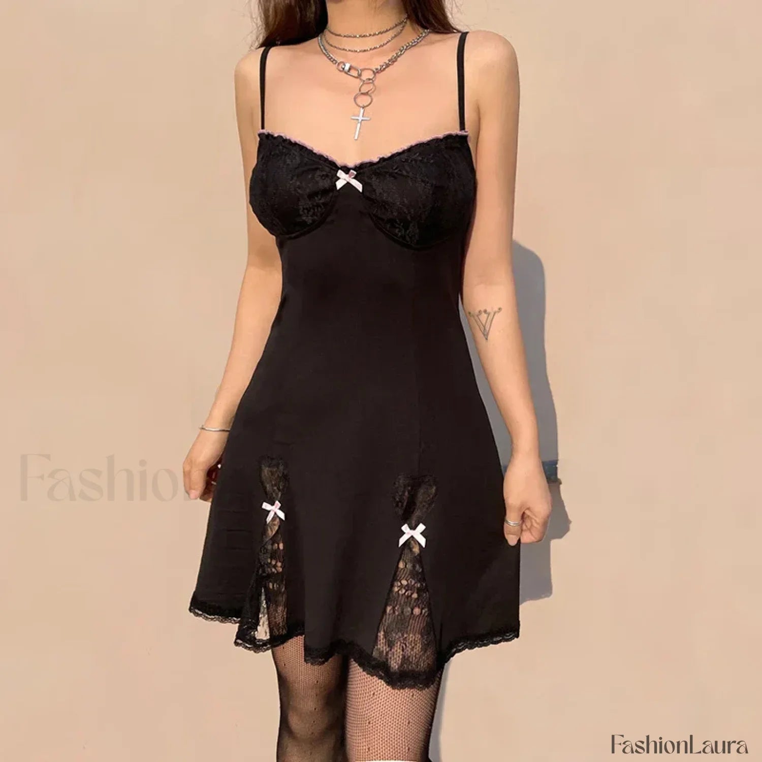 Black Gothic Lolita Style Lace Trim Sleeveless V Neck Bow Y2K Grunge Mini A-Line Dress
