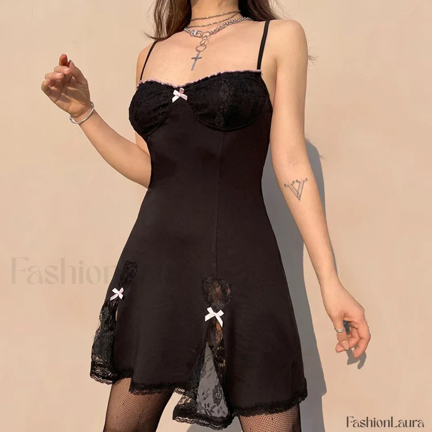 Black Gothic Lolita Style Lace Trim Sleeveless V Neck Bow Y2K Grunge Mini A-Line Dress
