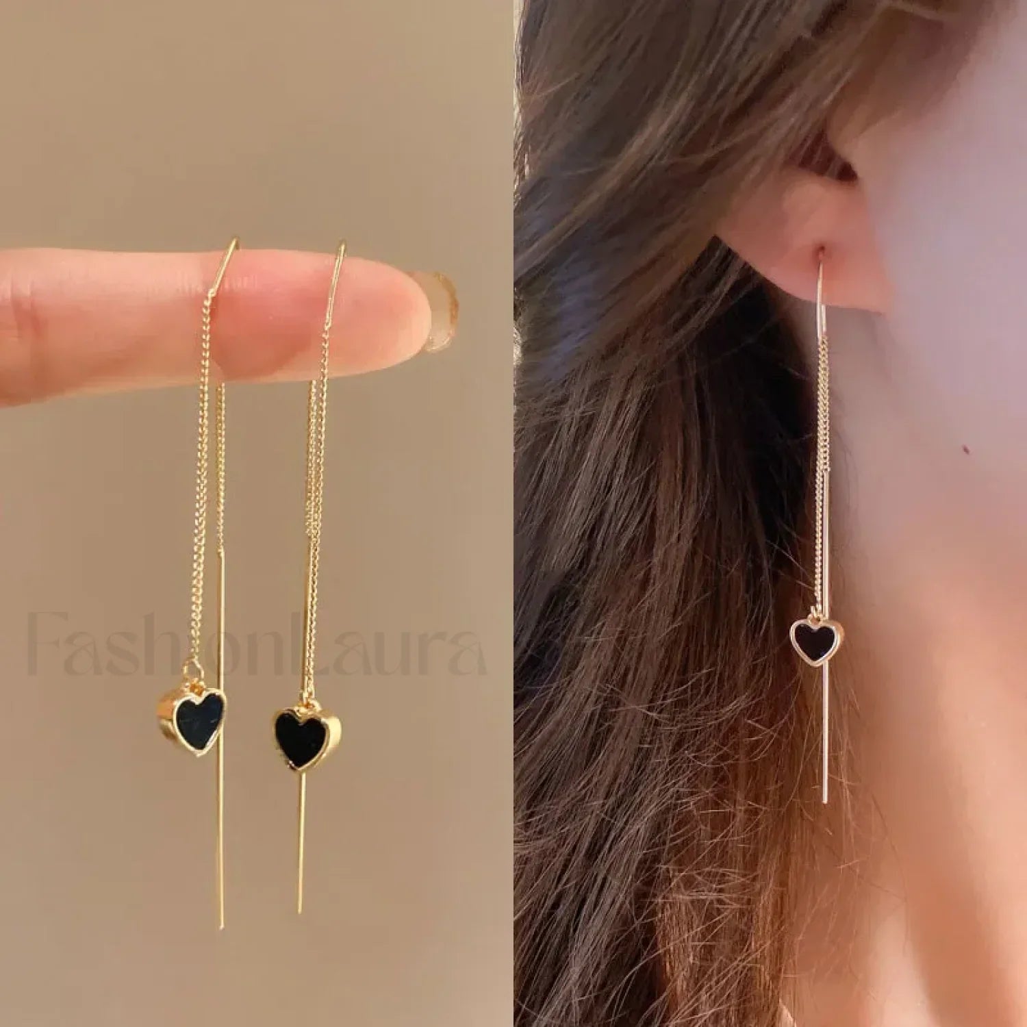 Black Heart Ear Line Long Hanging Gold Color Ear Wire Wholesale Earring