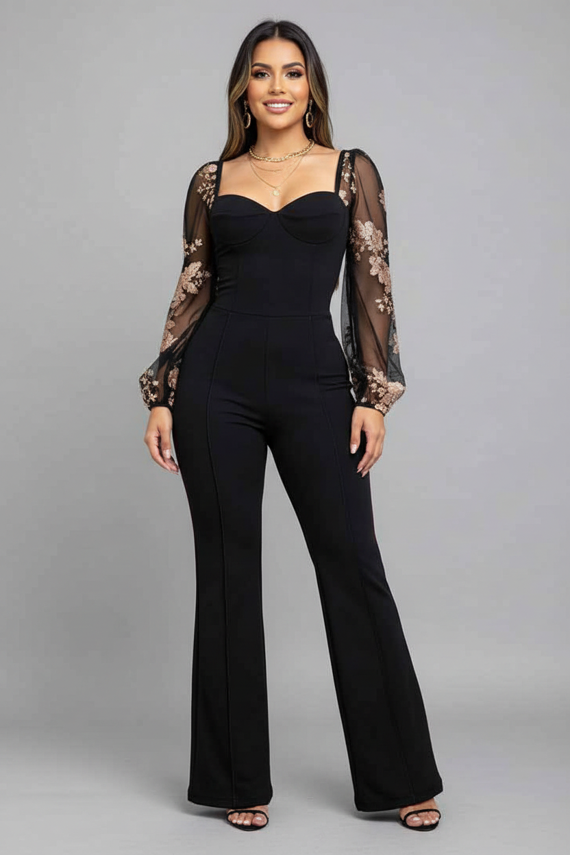 Elegant Flared Jumpsuit with Pockets and Adjustable Straps