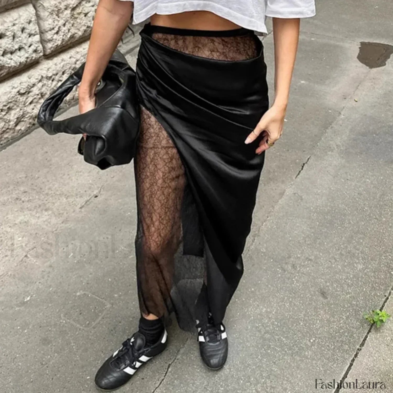 Black Lace Sheer Midi Skirt