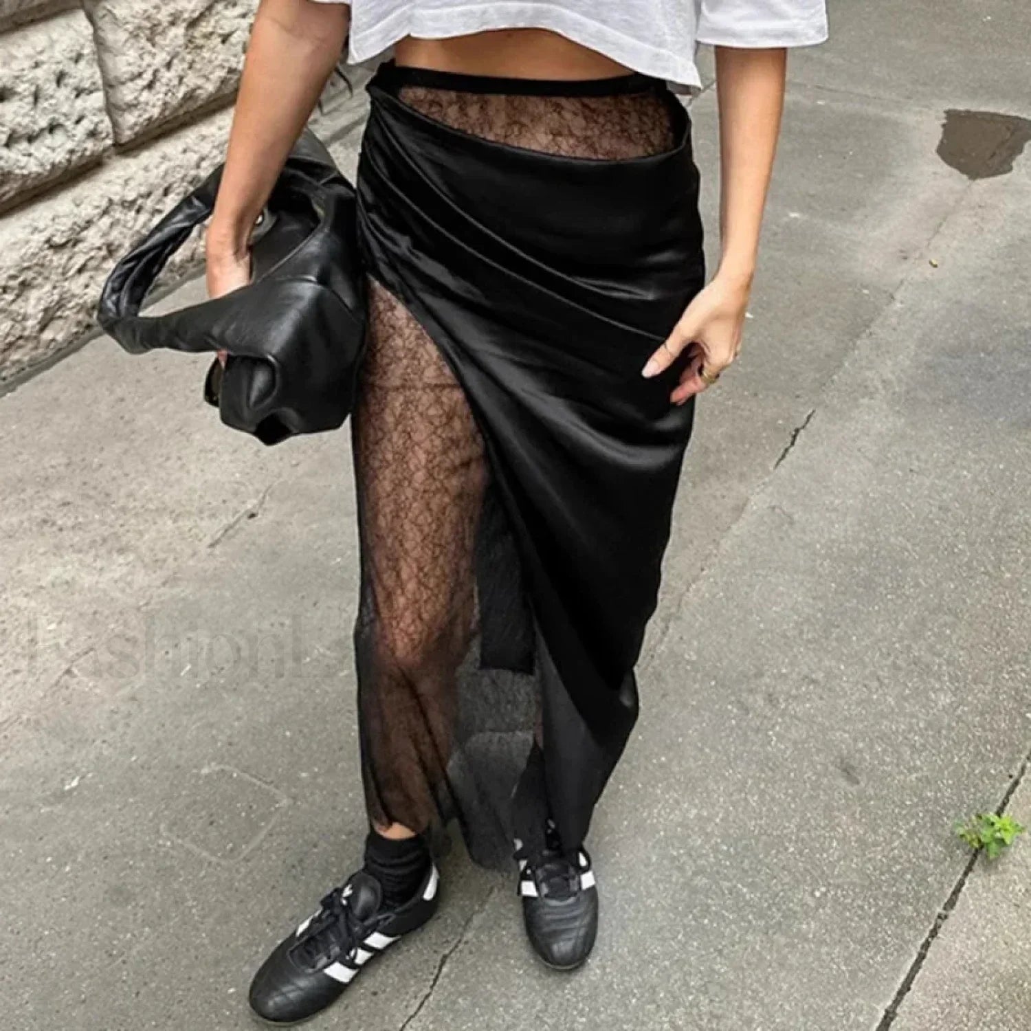 Black Lace Sheer Midi Skirt