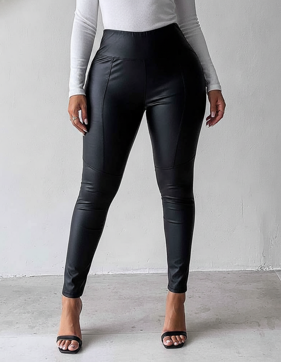 Black Leggings High Waist Fleece Lined Polyurethane Leather For All Day Comfort And Warmth