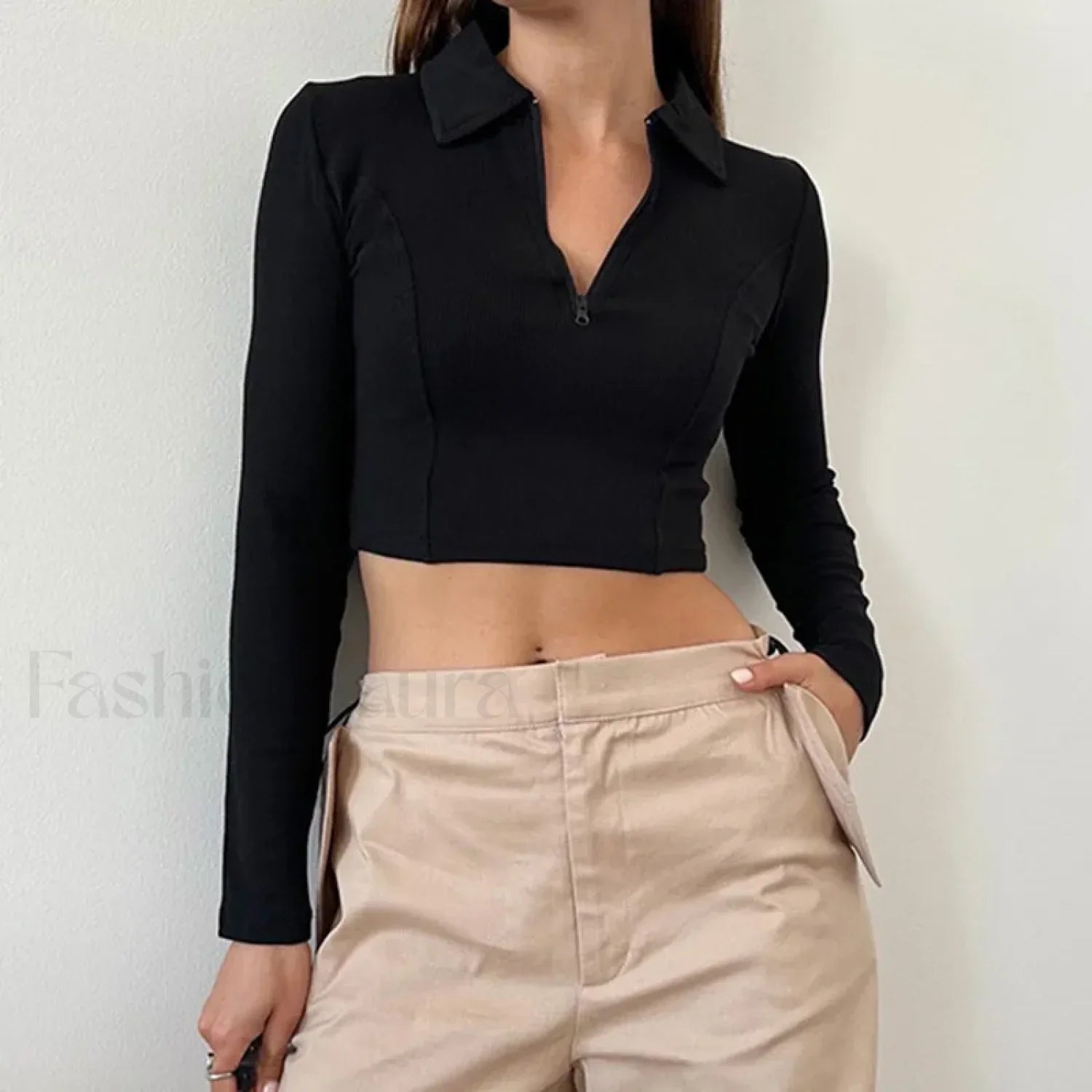 Black Long Sleeve Zipper Crop Top Casual Fashion T-Shirt