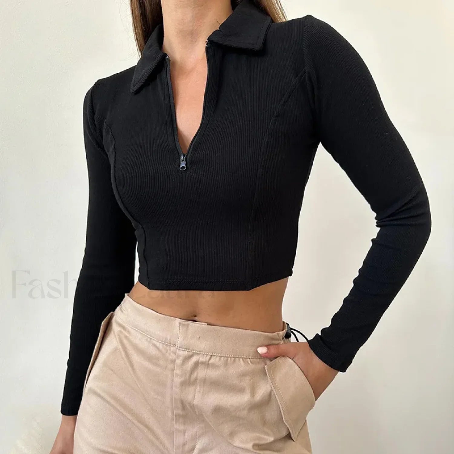 Black Long Sleeve Zipper Crop Top Casual Fashion T-Shirt
