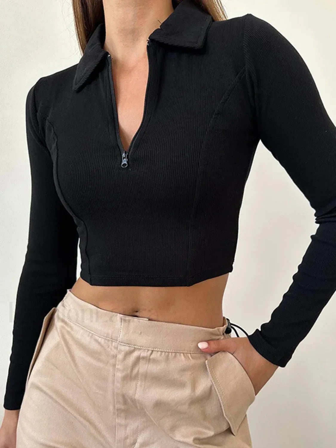 Black Long Sleeve Zipper Crop Top Casual Fashion T-Shirt