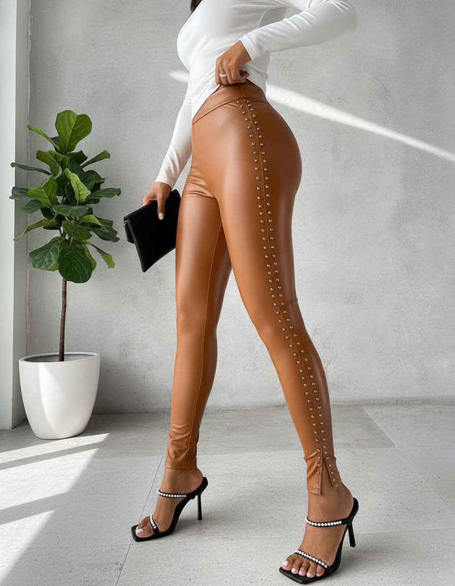 Black Pants Slim Fit High Waist Studded Tied Detail PU Leather