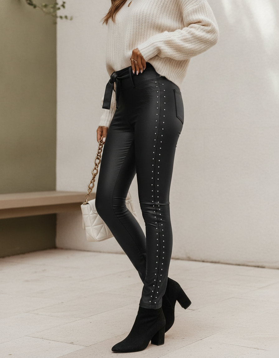 Black Pants Slim Fit High Waist Studded Tied Detail PU Leather - Jamota