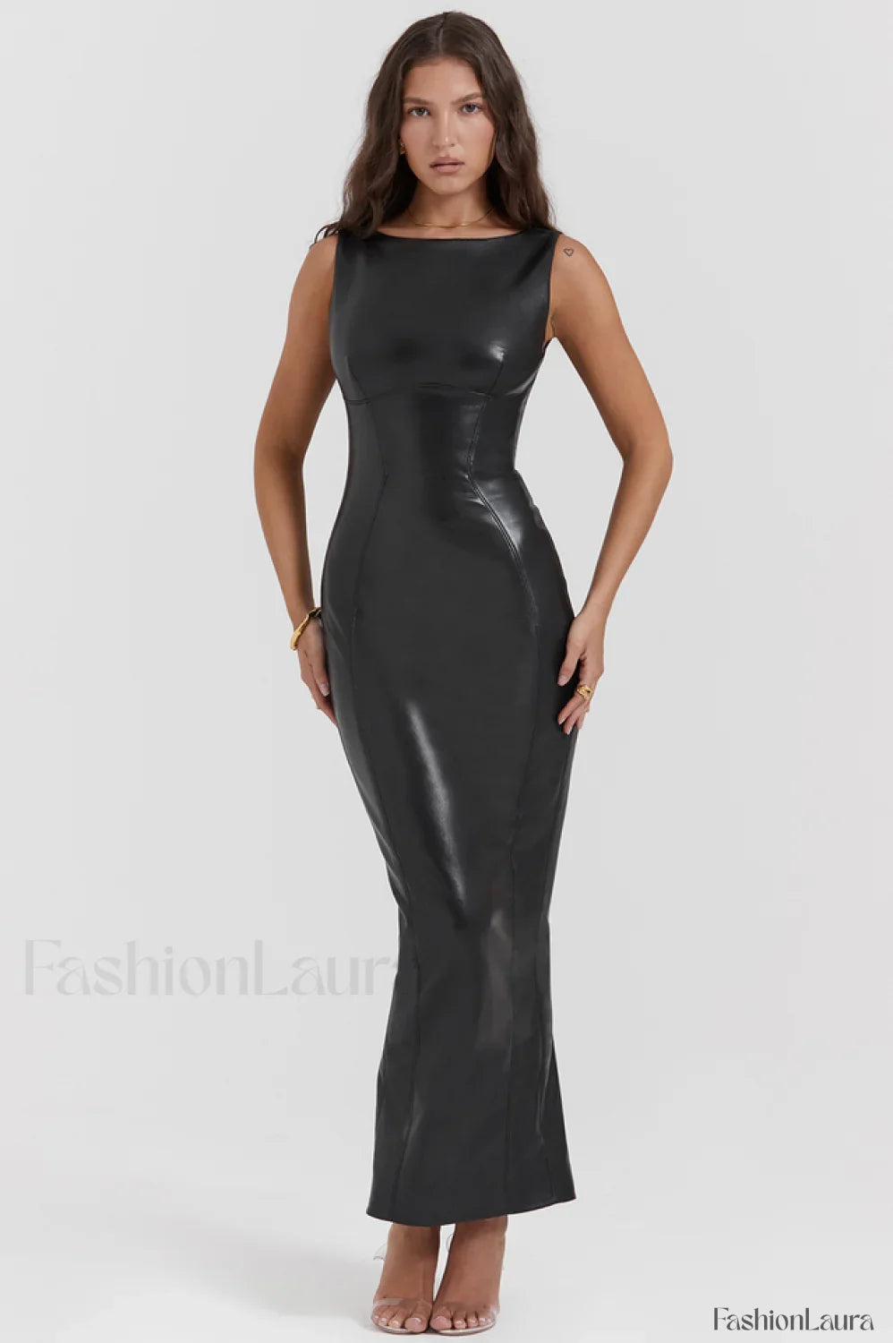 Black Plain Stylish Leather Maxi Dress