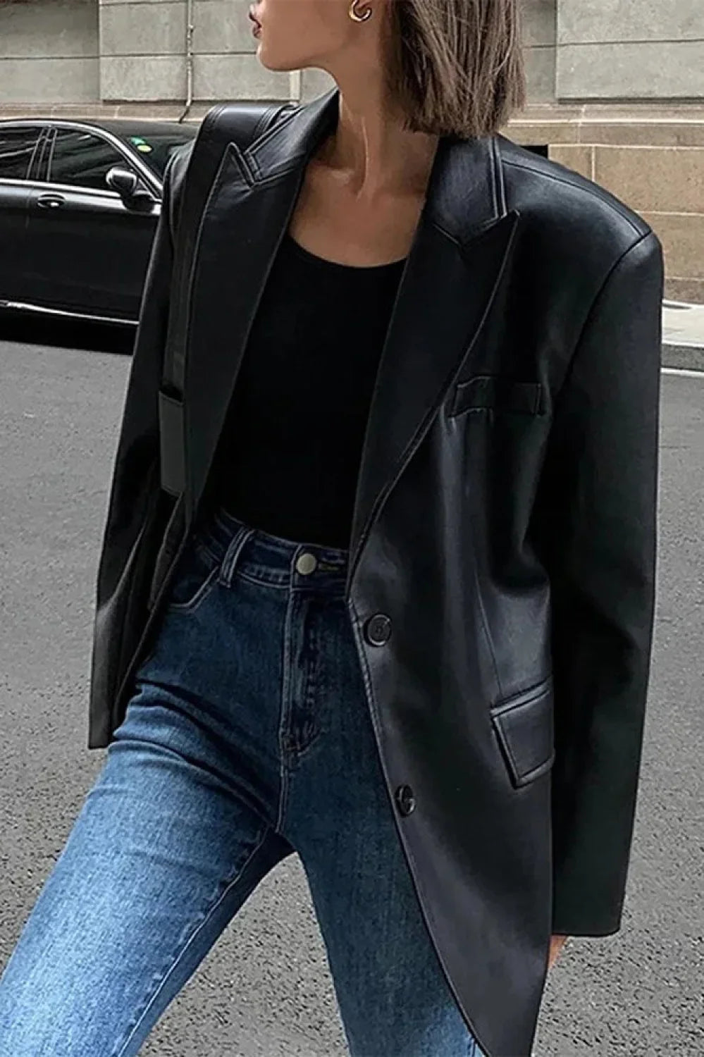 Black PU Leather Blazer Jacket