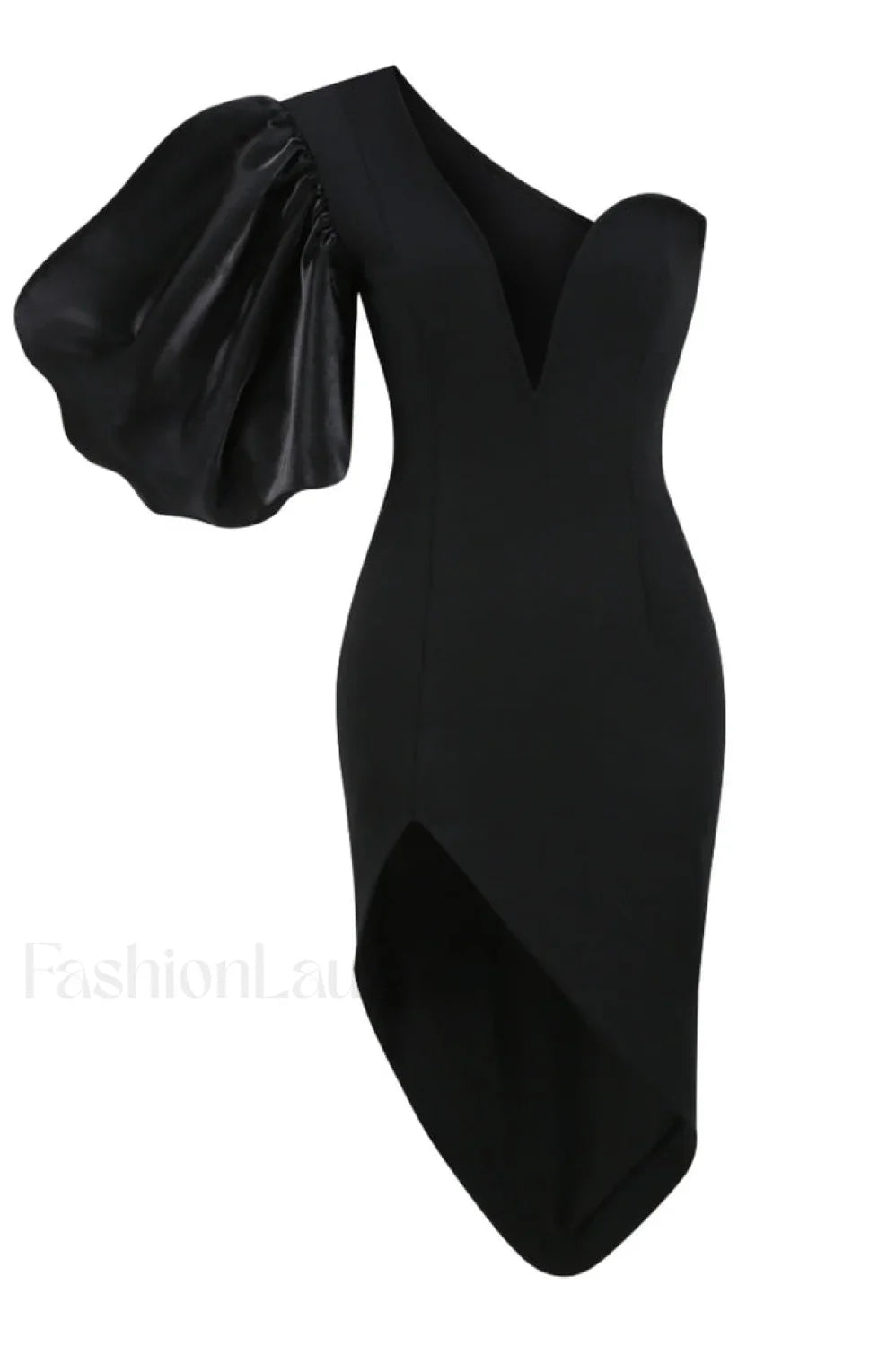 Black Puff Sleeve Charming Asymmetric Midi Dress S / Black