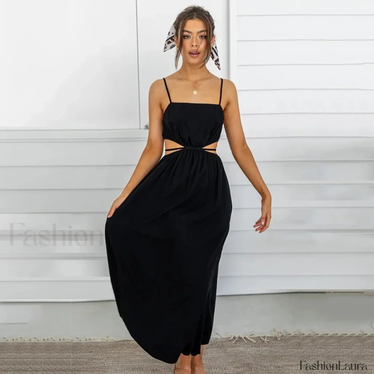 Black Ruffle Lace-Up Midi Dress